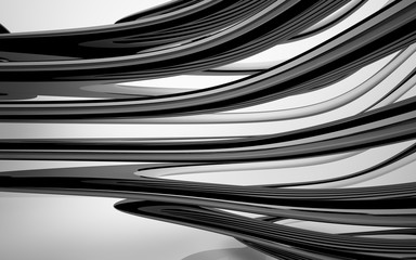 Abstract dynamic white interior with black smooth objects. 3D illustration and rendering