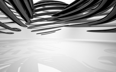 Abstract dynamic white interior with black smooth objects. 3D illustration and rendering
