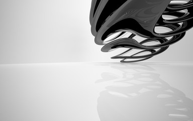 Abstract dynamic white interior with black smooth objects. 3D illustration and rendering