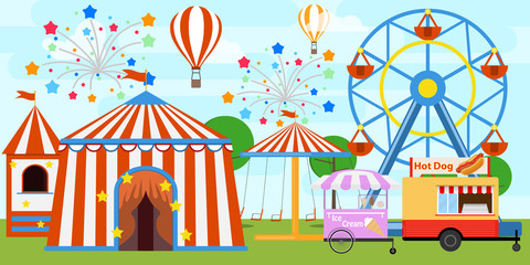 Colorful fair tent and ferris wheel in amusement park. Cartoon amusement park with circus, carousels. Amusement Park in flat colorful vector style