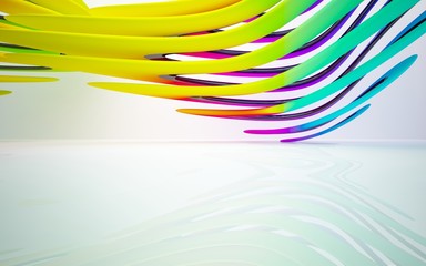 abstract architectural interior with colored smooth sculpture. 3D illustration and rendering