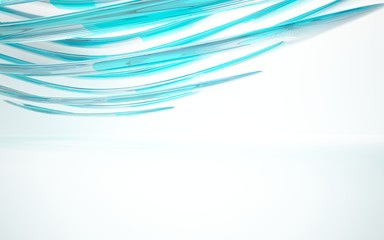 Obraz premium Abstract dynamic interior with blue glass smoth wave objects. 3D illustration and rendering