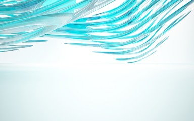 Abstract dynamic interior with  blue glass smoth wave objects. 3D illustration and rendering