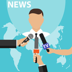 News concept with microphones. Journalists hands holding microphones performing interview. Media tv and interview, information for television, broadcasting mass.