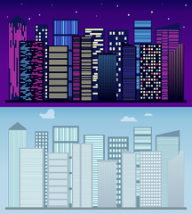 Night and day city landscape. Urban landscape, megapolis. Landscape of the megapolis. Modern cityscape panorama. Vector illustration