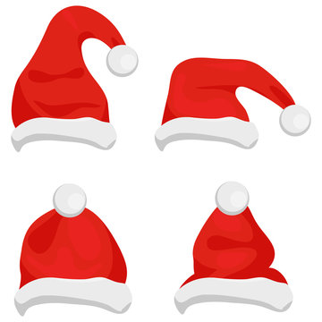 Santa Claus hats of red color, traditional costume element for winter character. Santa christmas hat vector illustration. Red santa top hat isolated on white background. Vector illustration.