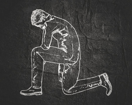 Illustration of silhouette of businessman stand to kneel. Chalkboard style