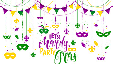 Mardi Gras colored frame with a mask and fleur-de-lis, isolated on white background. Vector illustration. © olga_milagros