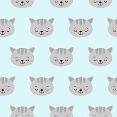 Cat vector pattern with cute cartoon sleeping cat faces. Seamless print illustration for children