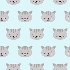 Cat vector pattern with cute cartoon sleeping cat faces. Seamless print illustration for children