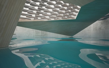 Abstract interior of wood and concrete with blue water. Architectural background. 3D illustration and rendering 