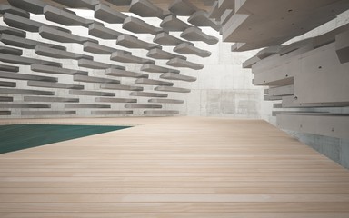 Abstract interior of wood and concrete with blue water. Architectural background. 3D illustration and rendering 