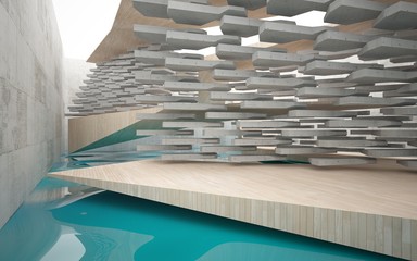 Fototapeta premium Abstract interior of wood and concrete with blue water. Architectural background. 3D illustration and rendering 