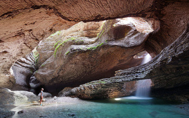 Hidden waterfall into Canyon. Russia, Dagestan
