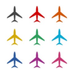 Plane and airplane icon or logo, color set