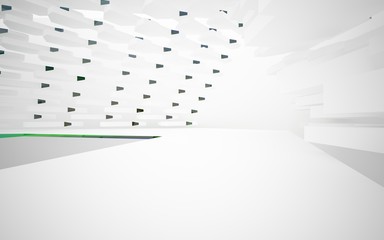 abstract architectural interior with white sculpture and geometric gradient glass lines. 3D illustration and rendering