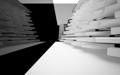 Abstract white interior of the future, with glossy black wall and floor. 3D illustration and rendering