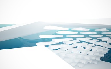 Abstract white interior of the future, with glossy blue water wall and floor. 3D illustration and rendering