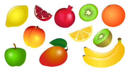 Set of vector illustrations of yellow red green fruits.