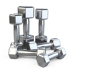Set of metalick dumbbells for a exercise and fitnes. Isolated on a white background. 3d illustration.