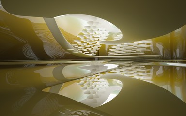 Abstract dynamic interior with white smooth objects and yellow water room . 3D illustration and rendering