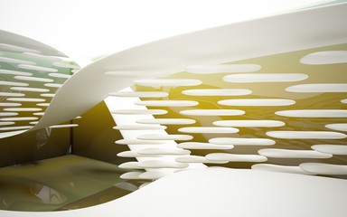 Abstract dynamic interior with white smooth objects and yellow water room . 3D illustration and rendering
