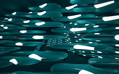 Fototapeta premium Abstract interior of the future in a minimalist style with green sculpture. Night view . Architectural background. 3D illustration and rendering
