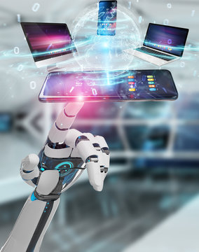 Modern devices connected in robot hand 3D rendering