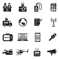 News Reporter Icons. Black Flat Design. Vector Illustration.