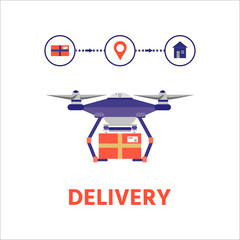 Drone with box.  Delivery by drone. Vector illustration with flying quadrocopters in flat style.