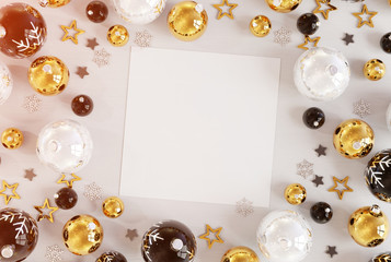 Christmas card mockup with golden baubles 3D rendering