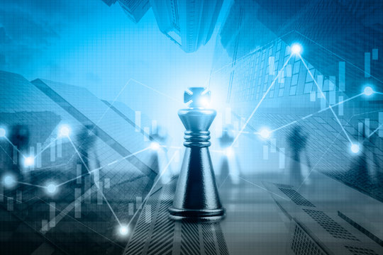 Double exposure financial market stock chart with chess board game competition, success and leadership business concept
