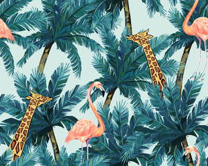 Exotic summer print. Seamless pattern with palm tree, giraffe and flamingo. Vector illustration