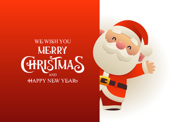 Happy cute Santa Claus stands behind red signboard advertisement banner with text Merry Christmas and Happy New Year
