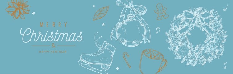 Christmas and New Year vector banner, background with vintage hand drawn elements
