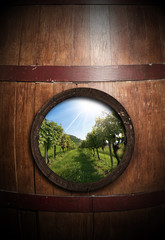 Old Wooden Wine Barrel with a Vineyard Inside