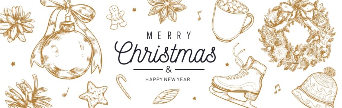 Christmas and New Year vector banner, background with vintage hand drawn elements