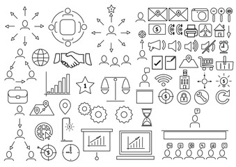 Business icons set,Collection solution outline icons include icons such as point of service, Icons for business, management, finance,  strategy, marketing,target, puzzle, light bulb, lamp, tactics, id