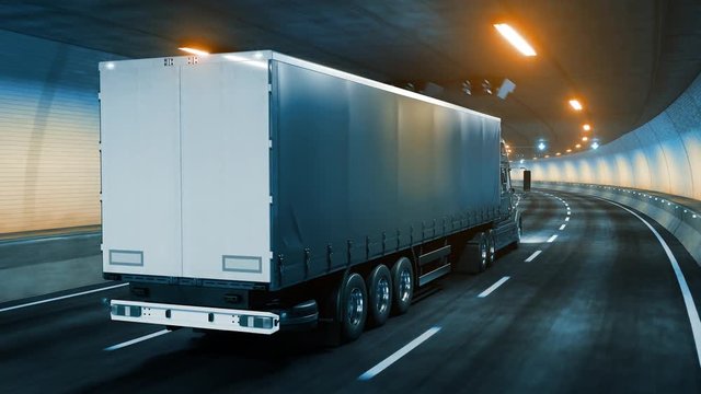 Trailer truck rides through tunnel warm yellow light 3d rendering