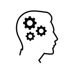 Human head with cogwheels inside. Artificial intelligence. Technology progress. Thinks, ponders. Robot. Contour symbol. Vector illustration.