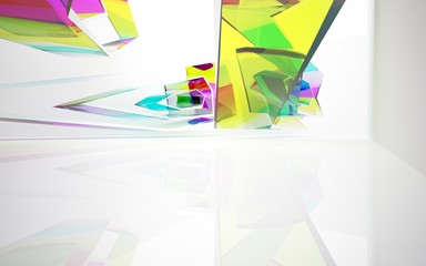 abstract architectural interior with gradient geometric glass sculpture. 3D illustration and rendering