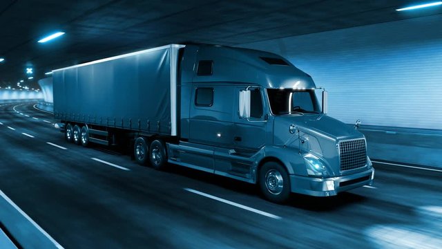 Trailer truck rides through tunnel with cold blue light style 3d rendering