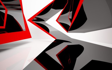 Abstract white interior of the future, with glossy black and red sculpture. 3D illustration and rendering