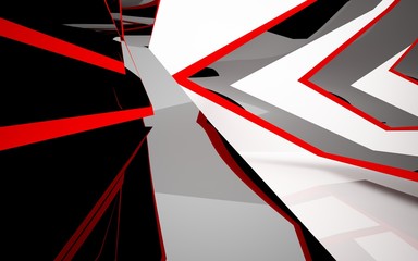 Abstract white interior of the future, with glossy black and red sculpture. 3D illustration and rendering
