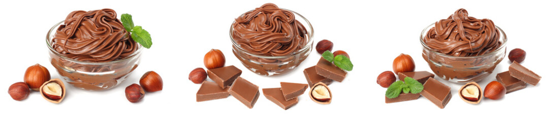 chocolate cream with hazelnut isolated on white background. cream in glass bowl