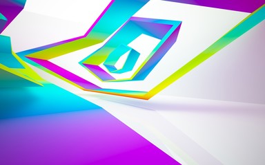 Abstract dynamic interior with gradient colored objects. 3D illustration and rendering