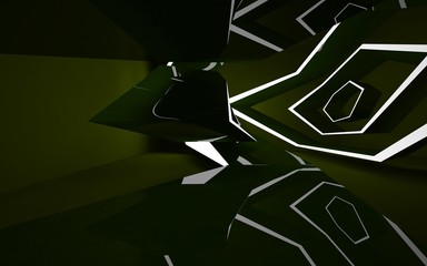 Abstract interior of the future in a minimalist style with green sculpture and water. Night view . Architectural background. 3D illustration and rendering