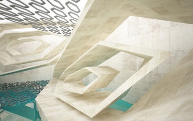 Abstract interior  concrete with blue water. Architectural background. 3D illustration and rendering 