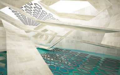 Abstract interior  concrete with blue water. Architectural background. 3D illustration and rendering 