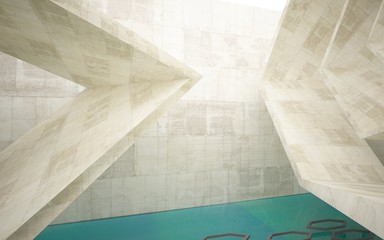 Abstract interior  concrete with blue water. Architectural background. 3D illustration and rendering 